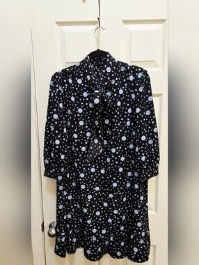 NWT Who What Wear Black Dress with White Polka Dots and Tie-Neck